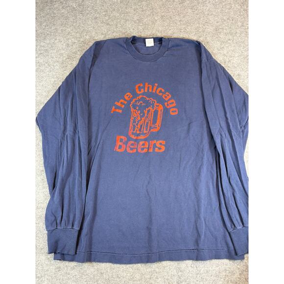Vintage 90s The Chicago Beers Graphic Long Sleeve Shirt Mens 2XL Navy Cotton Tee - Picture 1 of 5